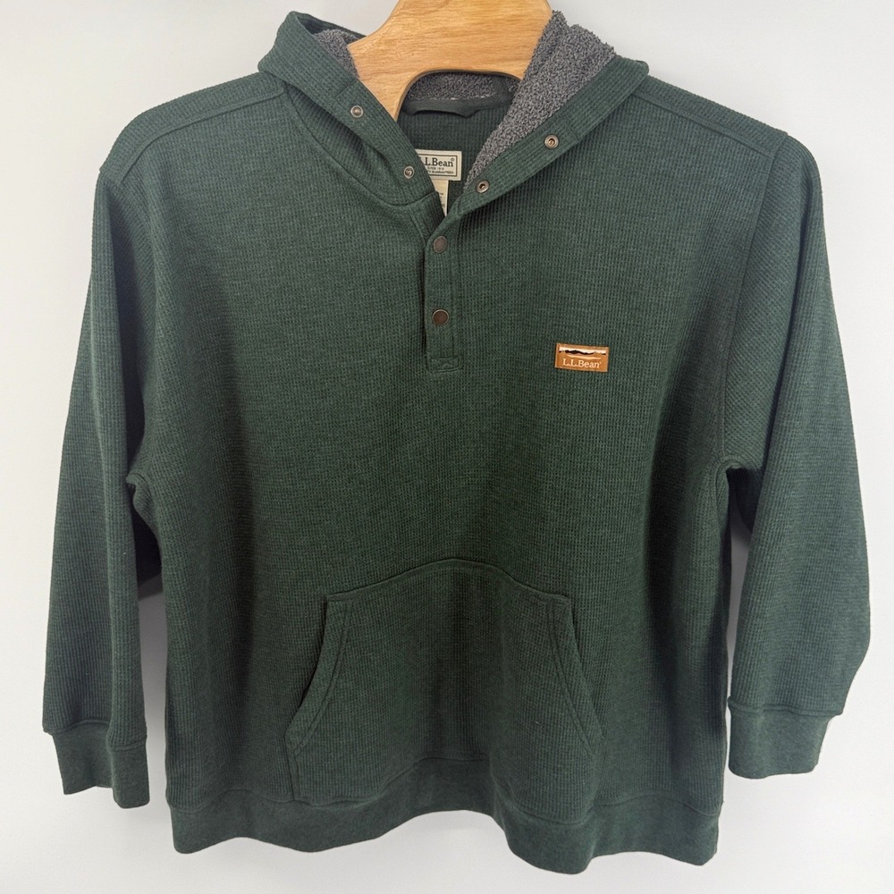 LL Bean Mens XXXL Green Waffle Knit Sherpa Lined Henley Hoodie 514519
